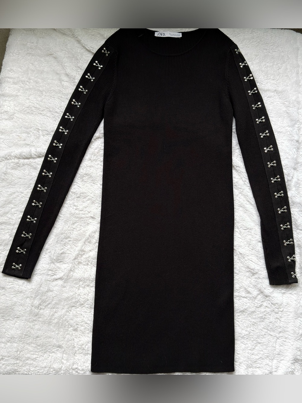🖤ZARA NWOT Black Ribbed Knit Bodycon Dress Hook & Eye Sleeves M